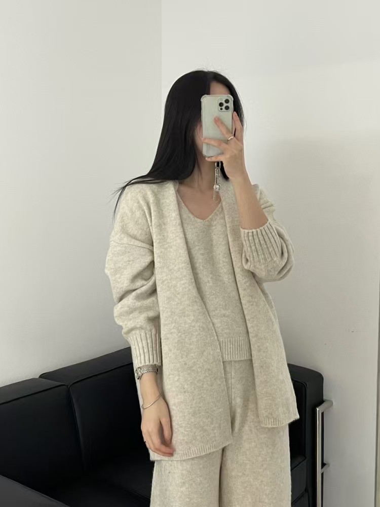 Temperament wide leg long pants Casual simple cardigan 3pcs set