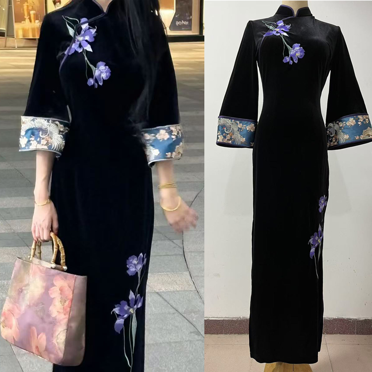 Big sleeve embroidery dress velvet cheongsam