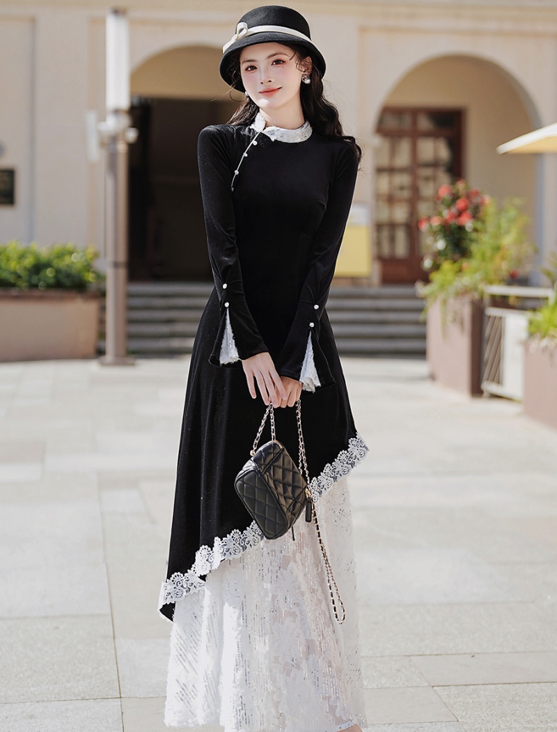 Velvet lace long dress autumn and winter Chinese style dress