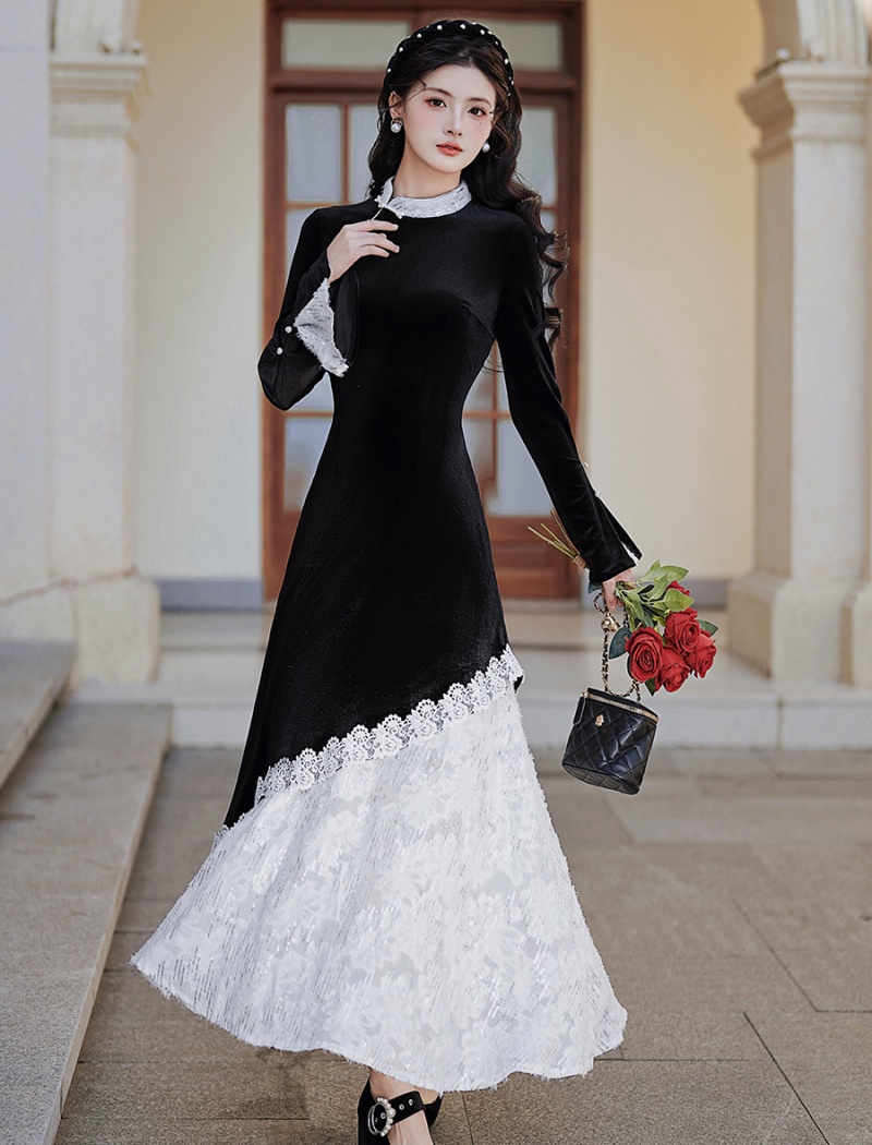 Velvet lace long dress autumn and winter Chinese style dress