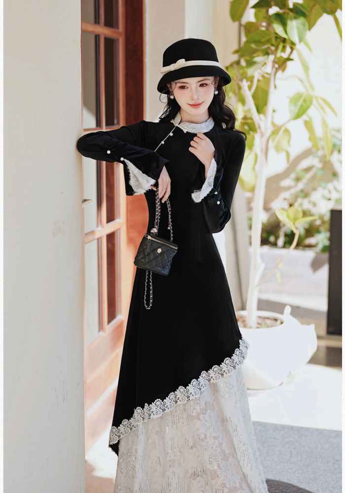 Velvet lace long dress autumn and winter Chinese style dress