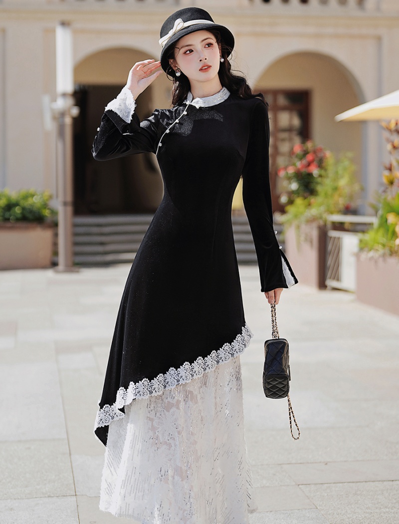 Velvet lace long dress autumn and winter Chinese style dress