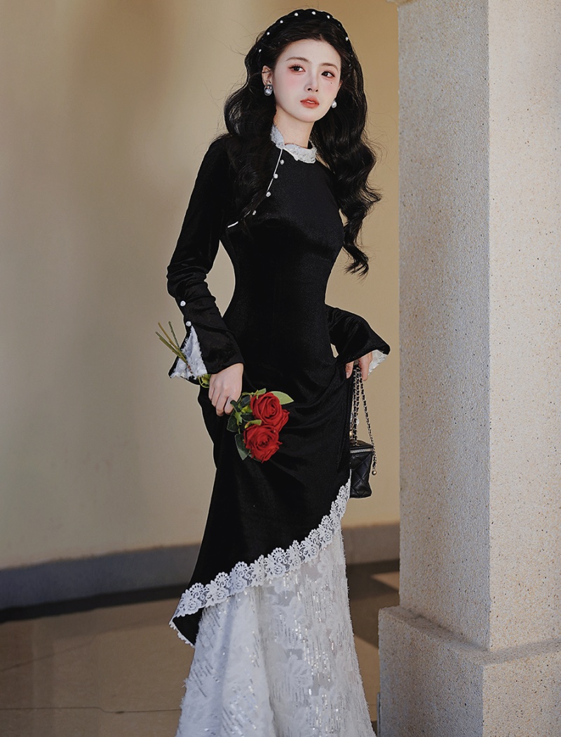 Velvet lace long dress autumn and winter Chinese style dress