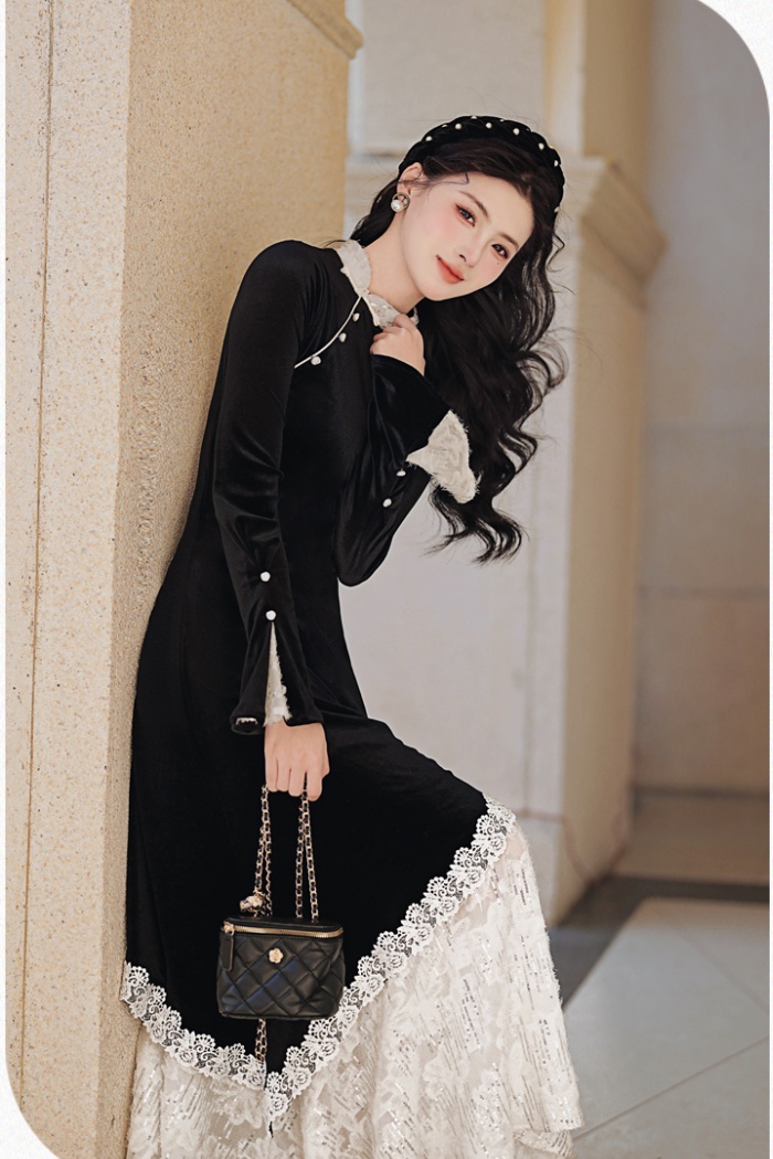 Velvet lace long dress autumn and winter Chinese style dress