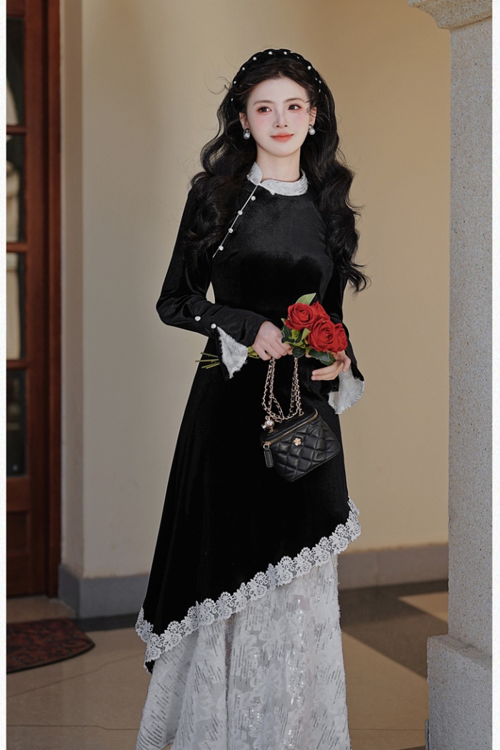 Velvet lace long dress autumn and winter Chinese style dress