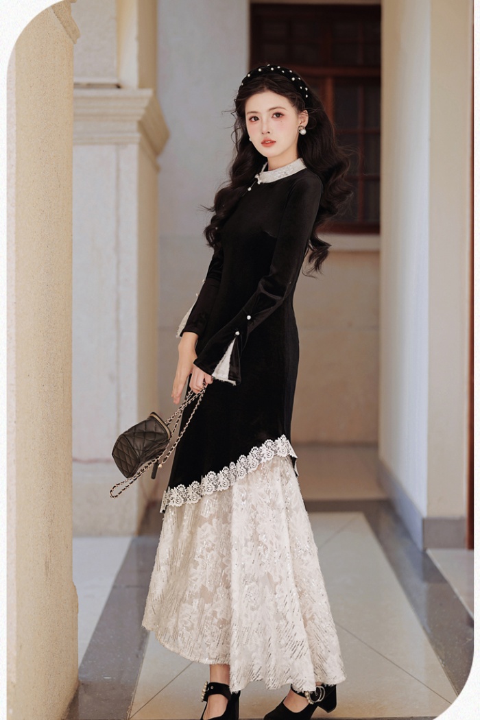 Velvet lace long dress autumn and winter Chinese style dress