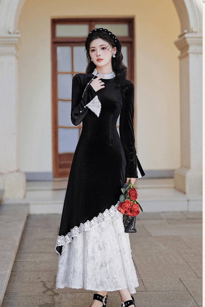 Velvet lace long dress autumn and winter Chinese style dress