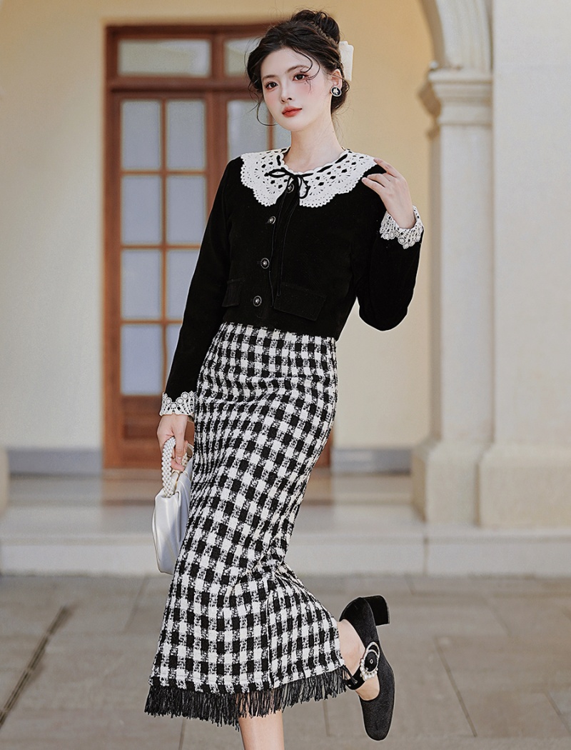 Autumn and winter chanelstyle dress slim retro skirt a set