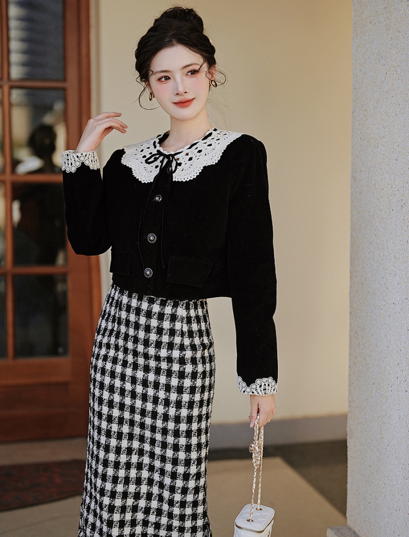 Autumn and winter chanelstyle dress slim retro skirt a set