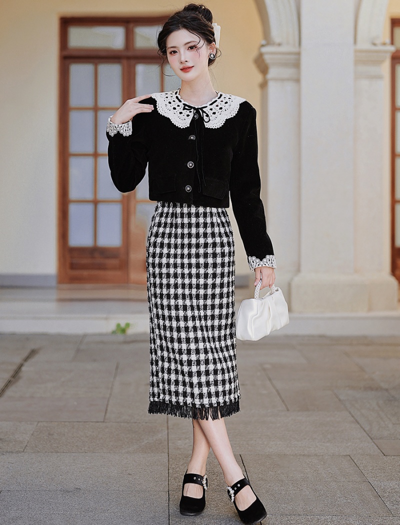 Autumn and winter chanelstyle dress slim retro skirt a set