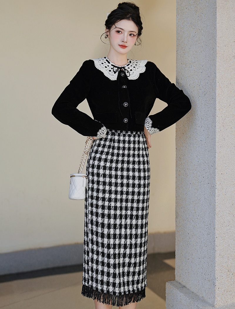 Autumn and winter houndstooth high waist retro slim skirt