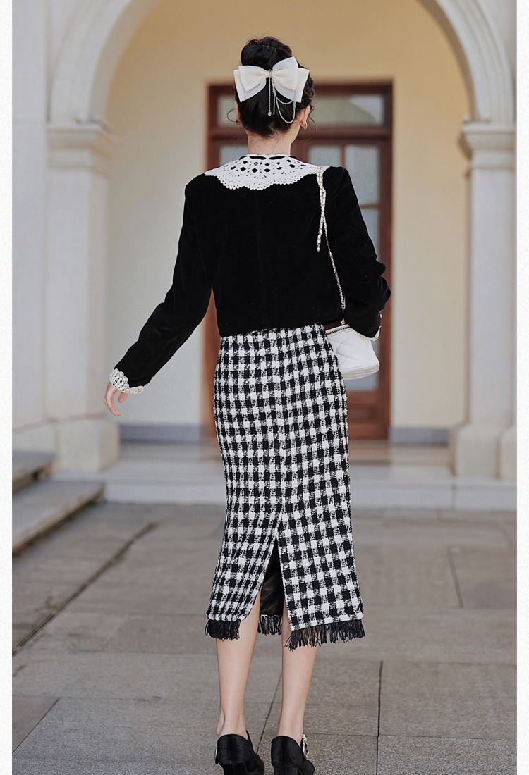 Autumn and winter houndstooth high waist retro slim skirt