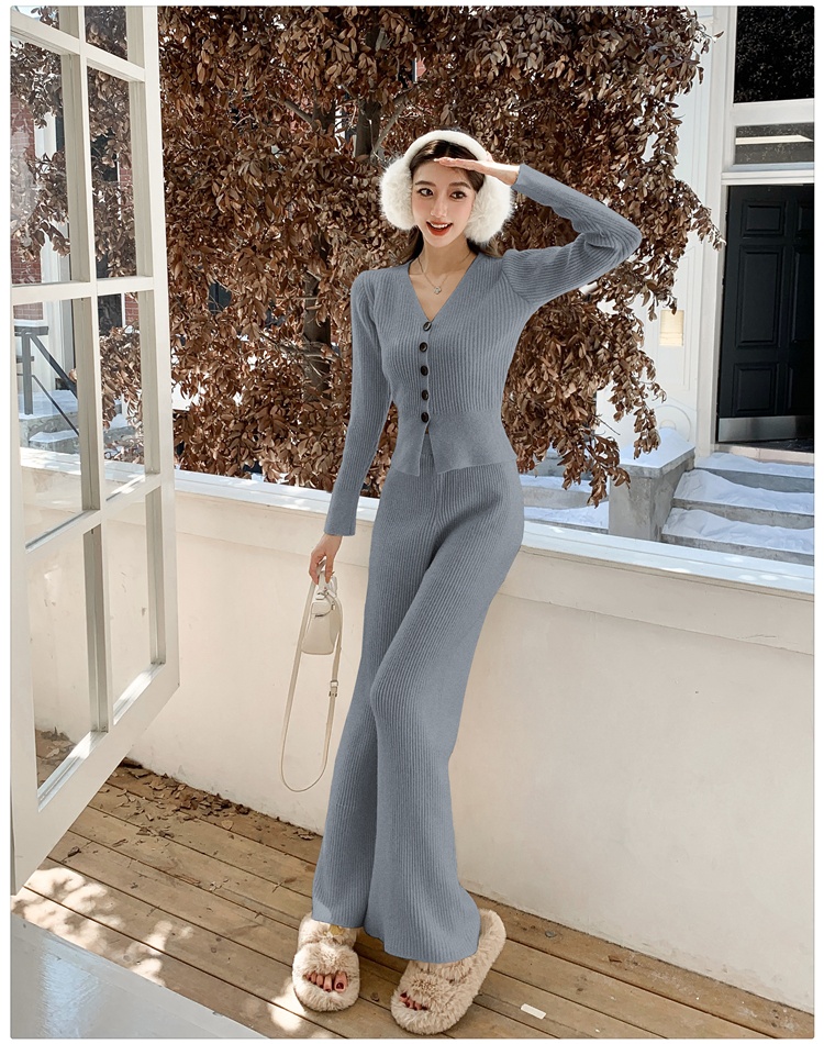 Loose winter wide leg pants knitted tops a set for women