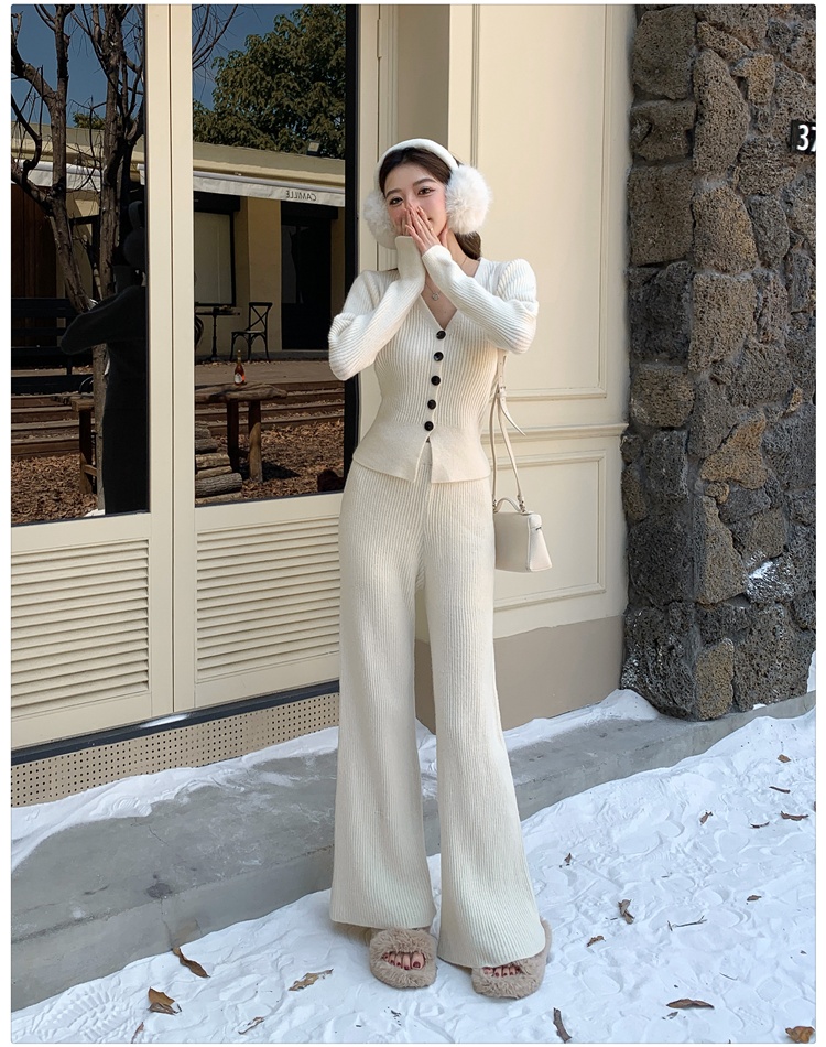 Loose winter wide leg pants knitted tops a set for women