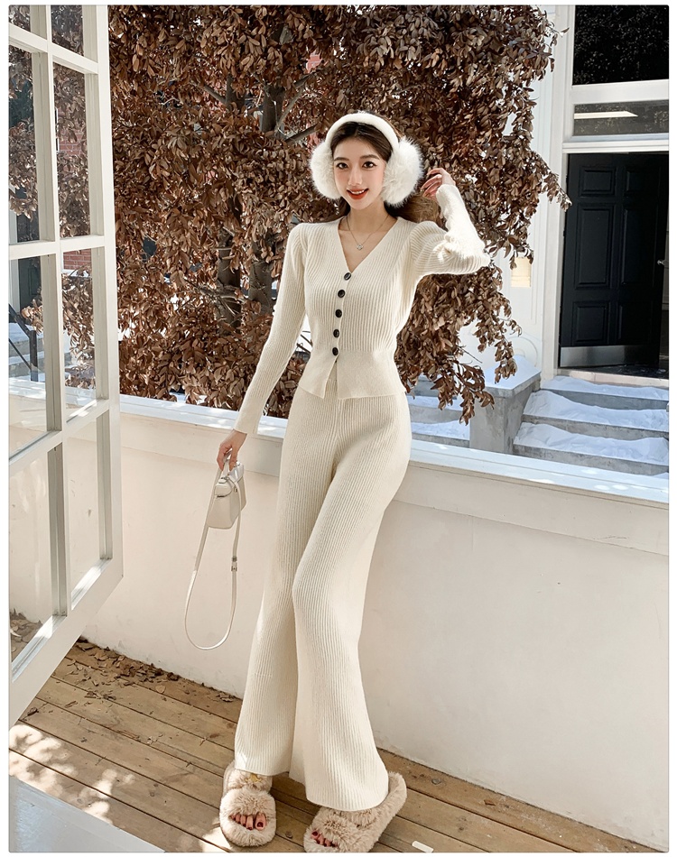 Loose winter wide leg pants knitted tops a set for women