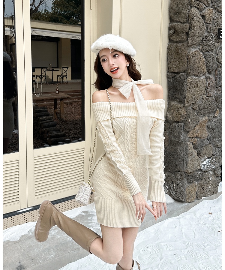 Knitted slim flat shoulder autumn and winter dress