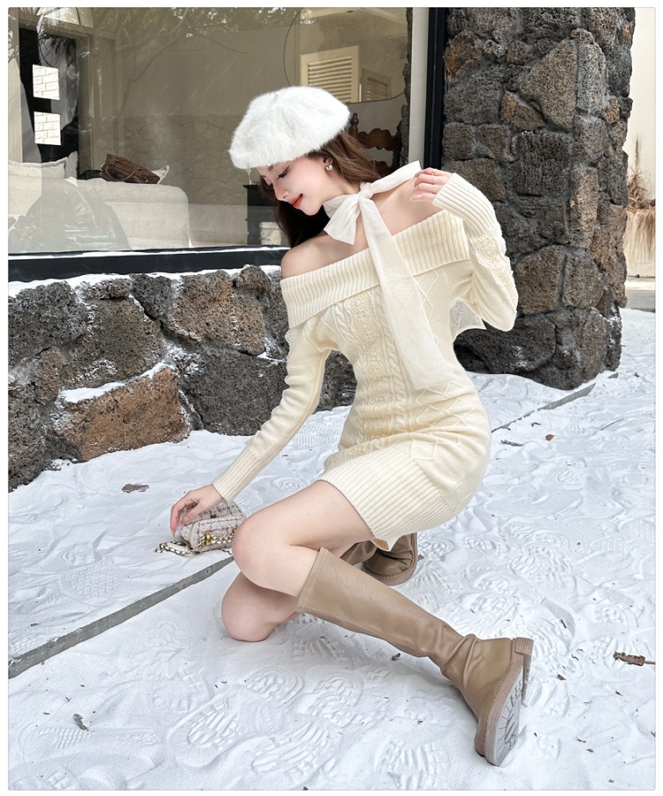 Knitted slim flat shoulder autumn and winter dress