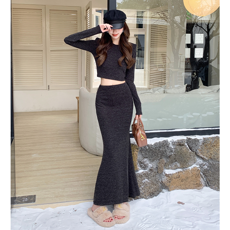 High waist T-shirt round neck skirt 2pcs set for women