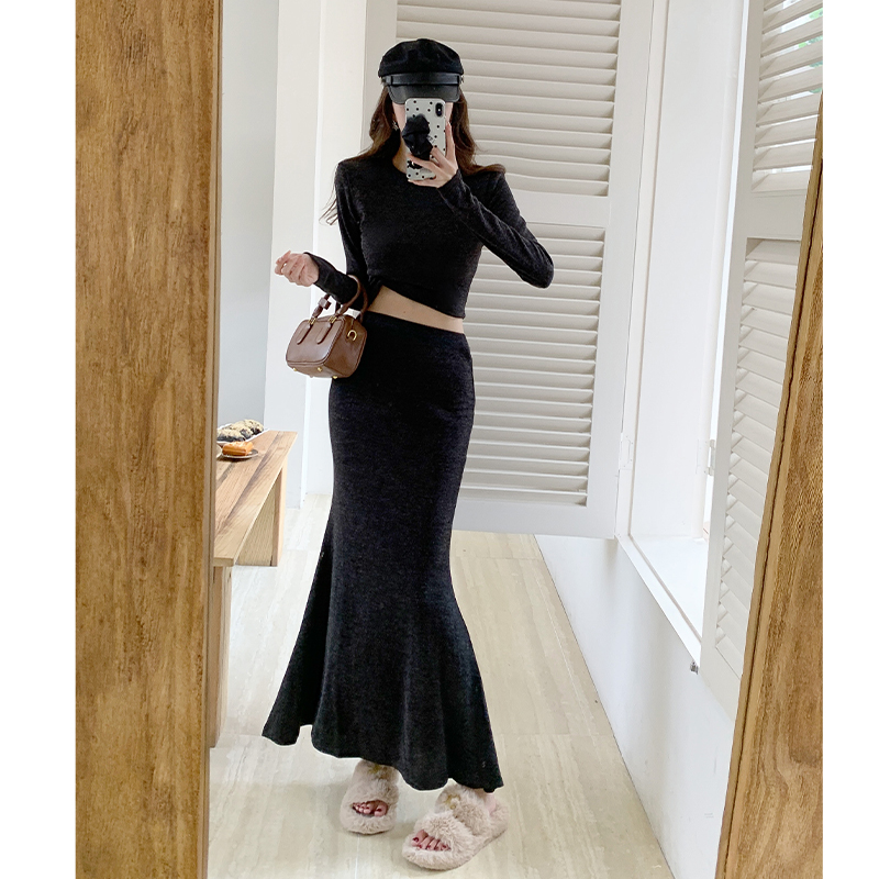 High waist T-shirt round neck skirt 2pcs set for women