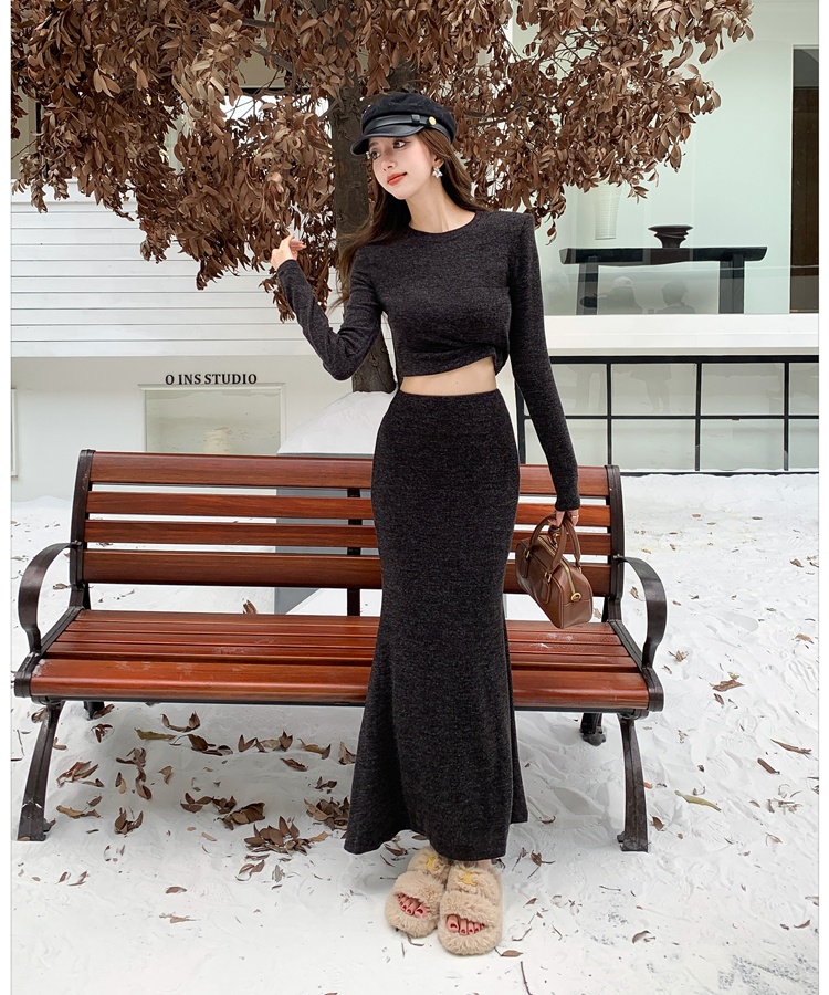 High waist T-shirt round neck skirt 2pcs set for women