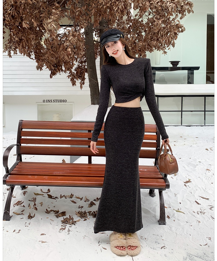 High waist T-shirt round neck skirt 2pcs set for women