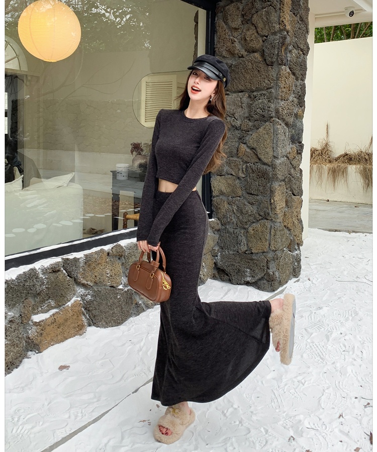 High waist T-shirt round neck skirt 2pcs set for women