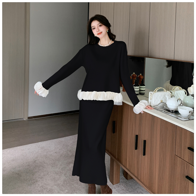 Winter petal skirt Western style tops 2pcs set for women