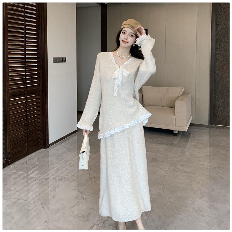 Tender winter slim sweater lazy V-neck skirt 2pcs set for women