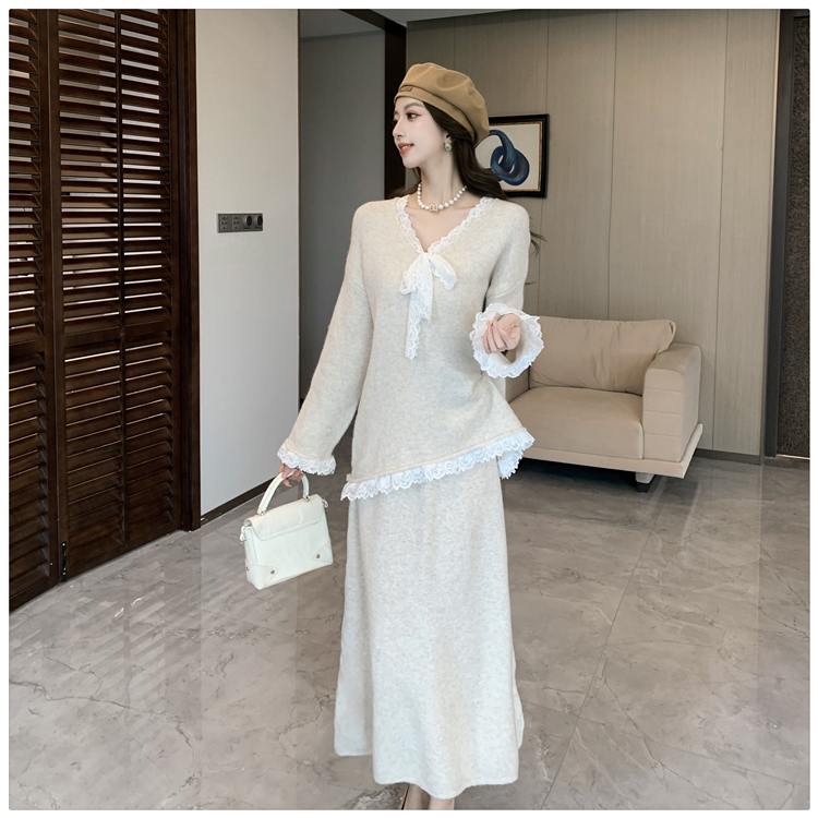 Tender winter slim sweater lazy V-neck skirt 2pcs set for women