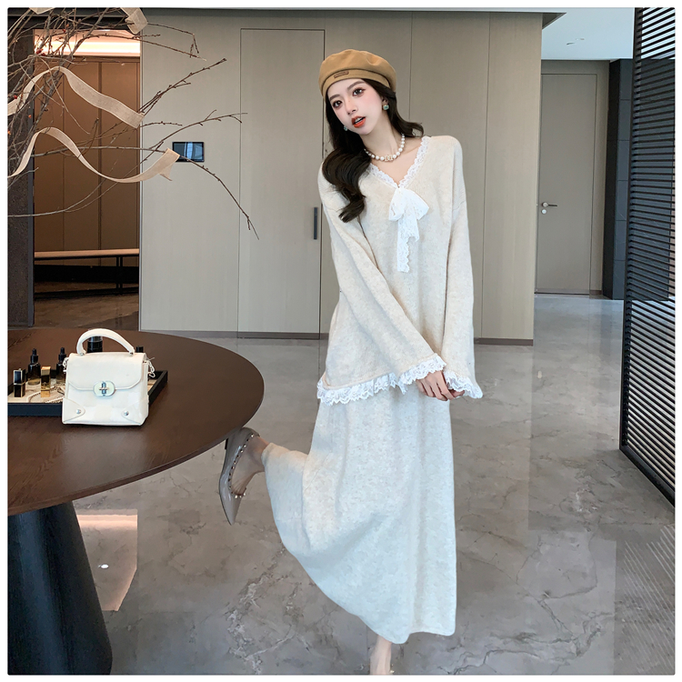 Tender winter slim sweater lazy V-neck skirt 2pcs set for women