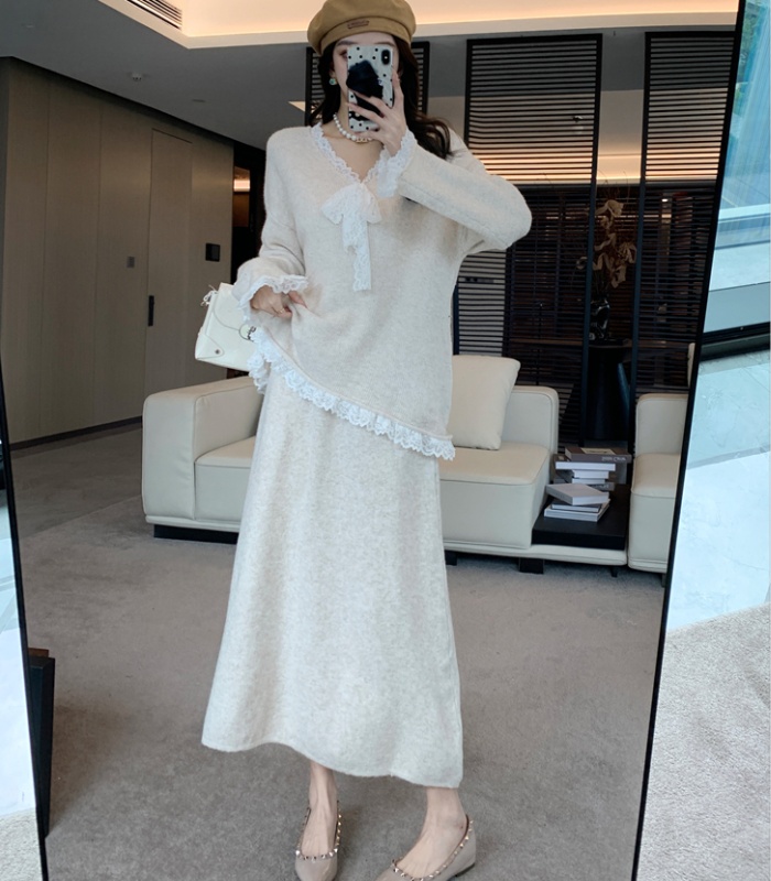 Tender winter slim sweater lazy V-neck skirt 2pcs set for women