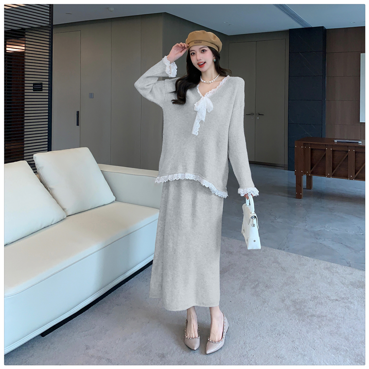 Tender winter slim sweater lazy V-neck skirt 2pcs set for women