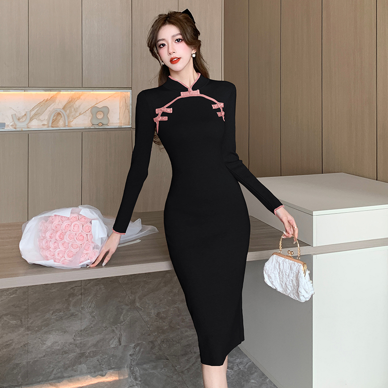 Autumn and winter Chinese style cheongsam knitted dress