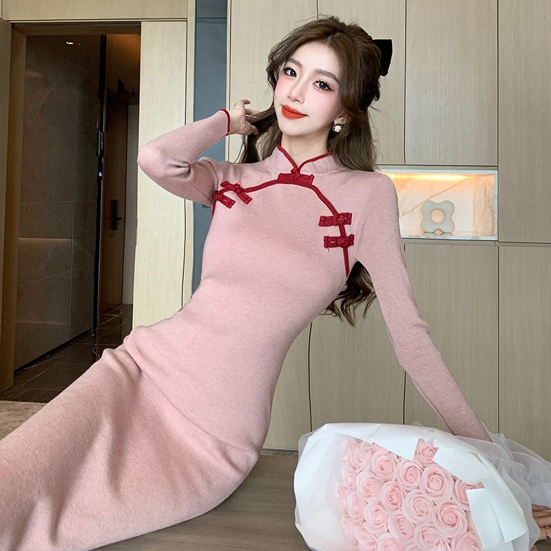 Autumn and winter Chinese style cheongsam knitted dress