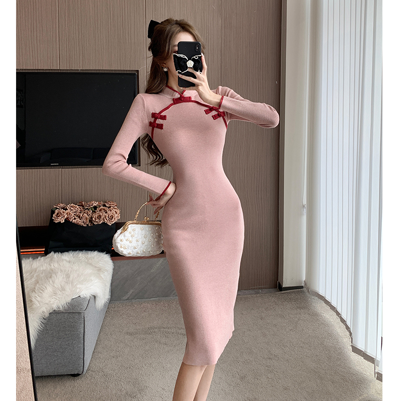 Autumn and winter Chinese style cheongsam knitted dress