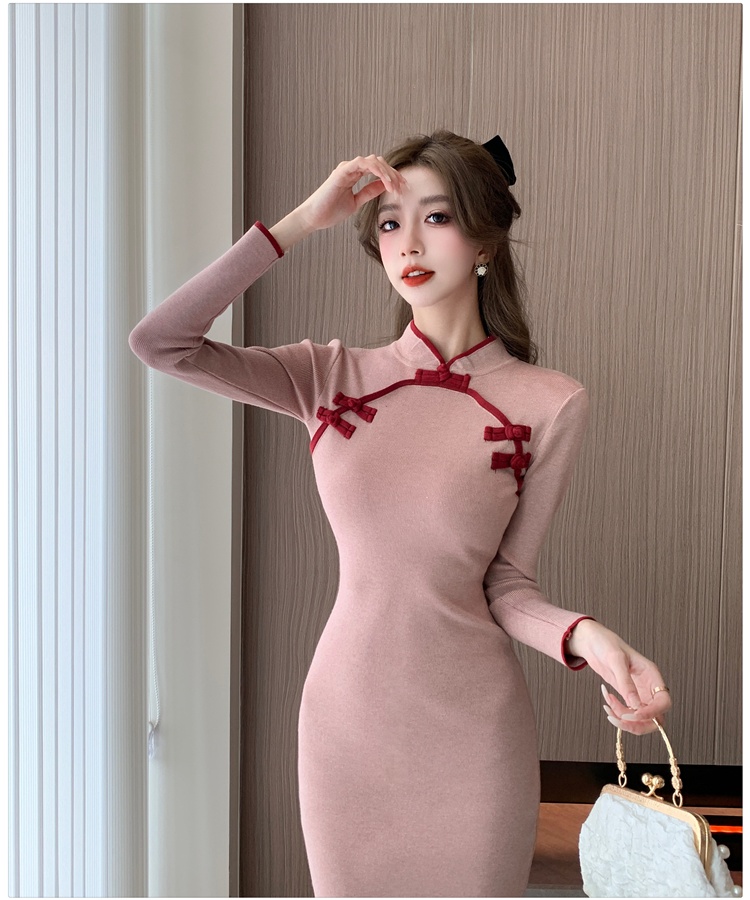 Autumn and winter Chinese style cheongsam knitted dress