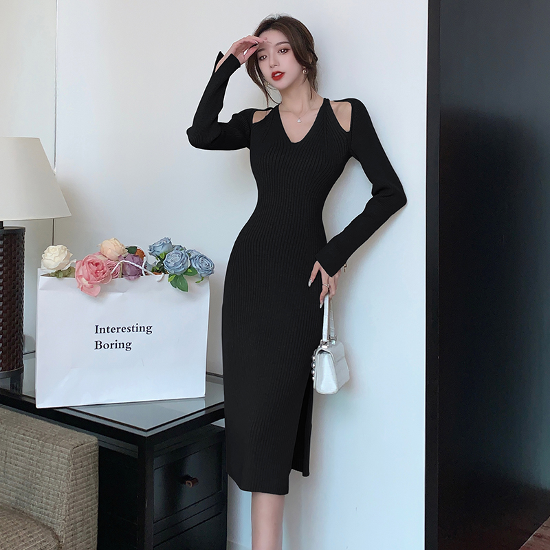 Elasticity France style sweater package hip long sleeve dress