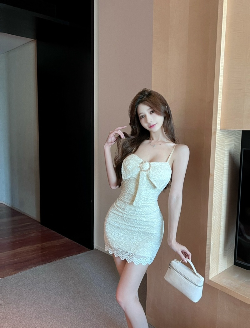 Wrapped chest bow sling lace dress for women