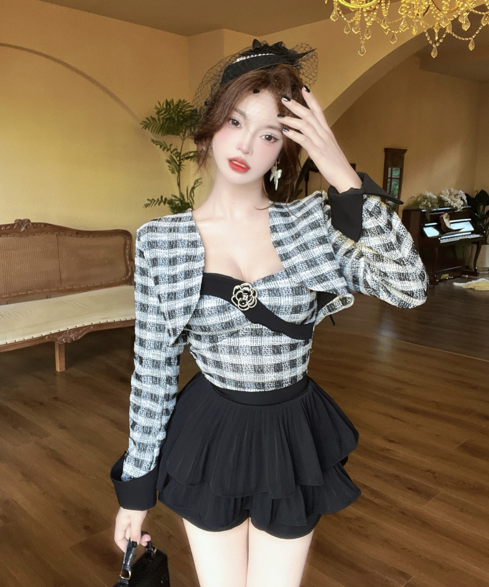 Chanelstyle wrapped chest ladies vest temperament plaid coat