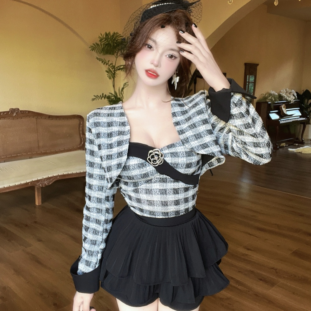 Chanelstyle wrapped chest ladies vest temperament plaid coat