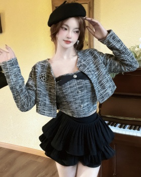 High waist woolen coat wrapped chest short skirt 3pcs set