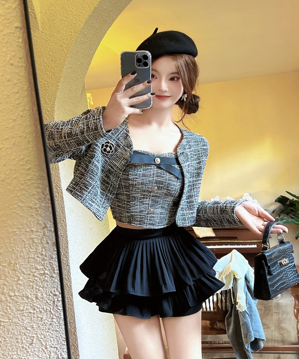 High waist woolen coat wrapped chest short skirt 3pcs set