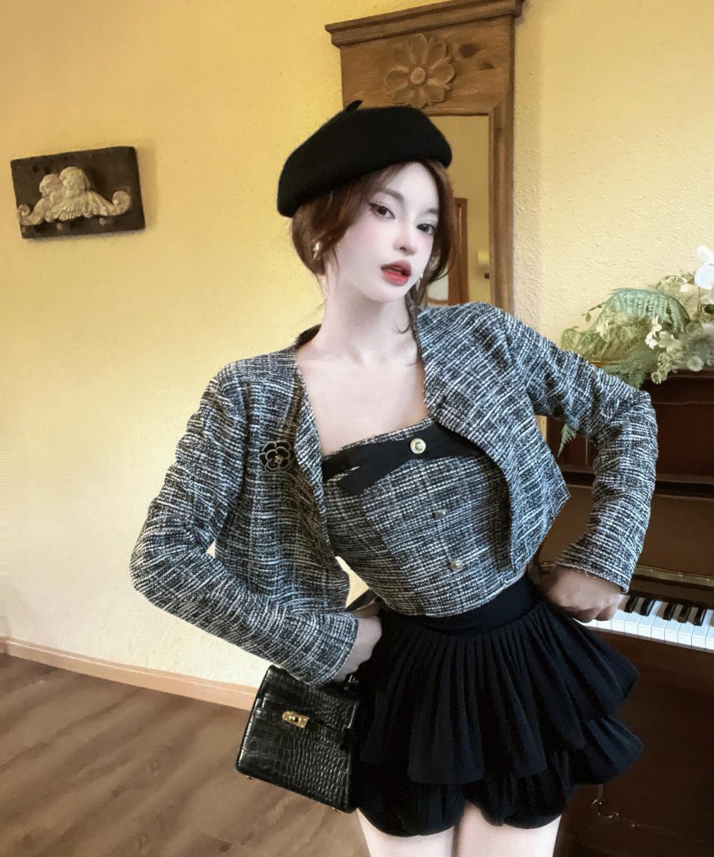 High waist woolen coat wrapped chest short skirt 3pcs set