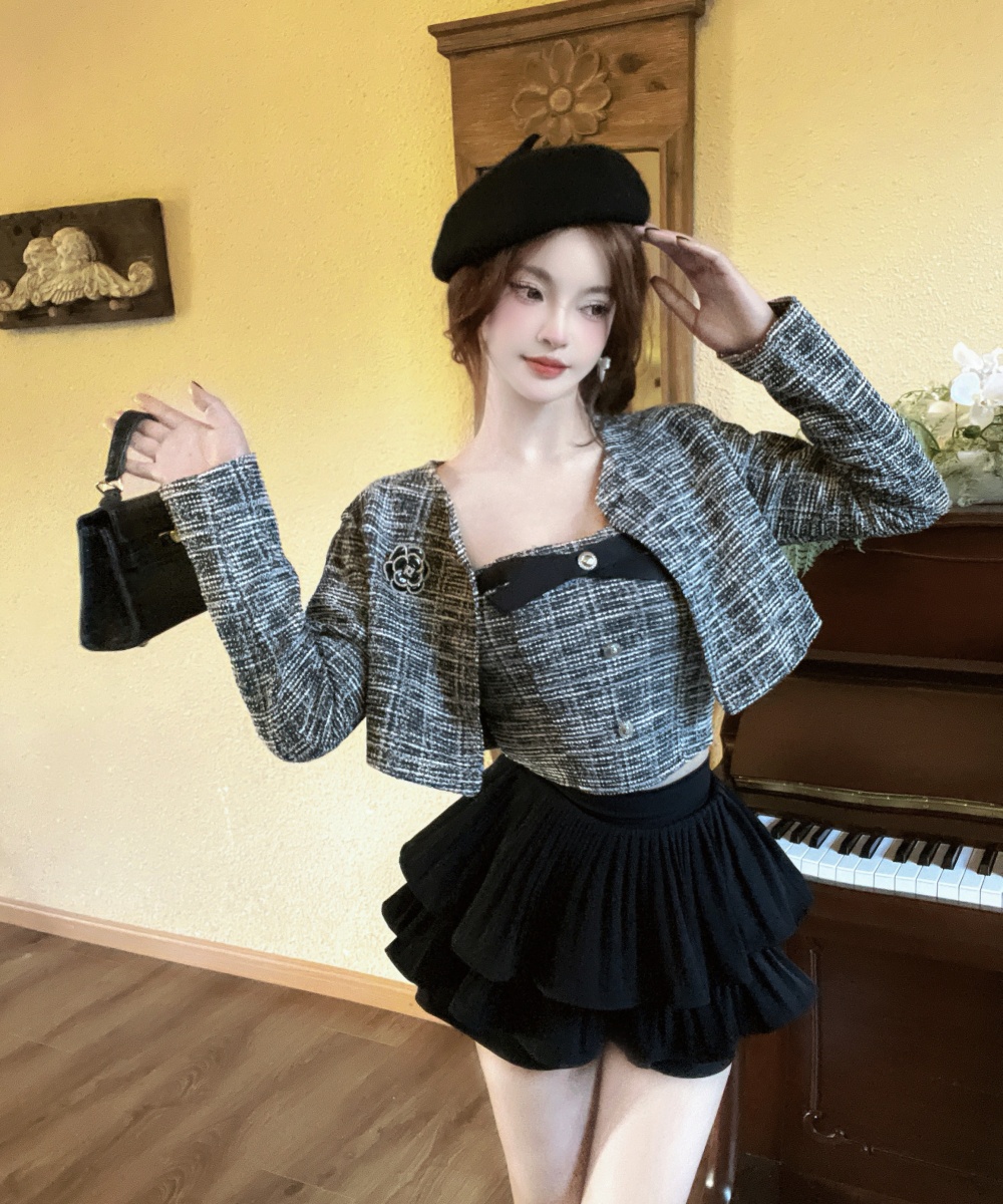 High waist woolen coat wrapped chest short skirt 3pcs set