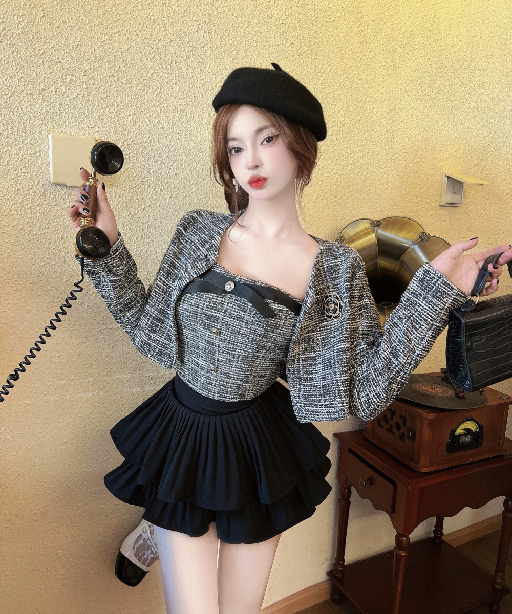 High waist woolen coat wrapped chest short skirt 3pcs set