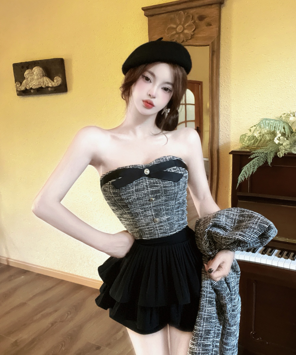 High waist woolen coat wrapped chest short skirt 3pcs set