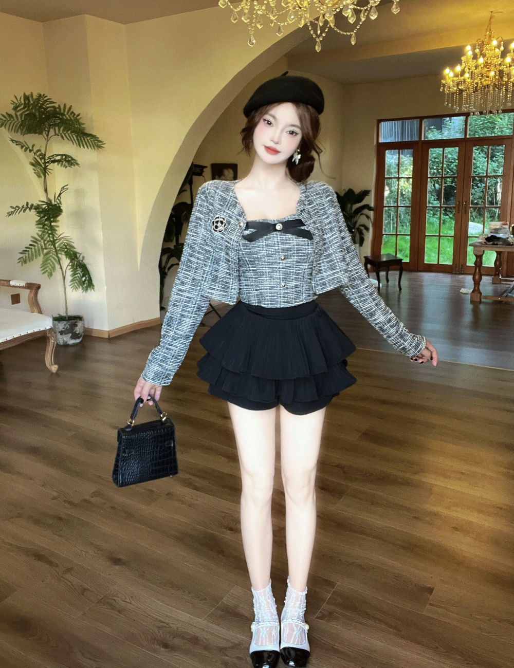 High waist woolen coat wrapped chest short skirt 3pcs set