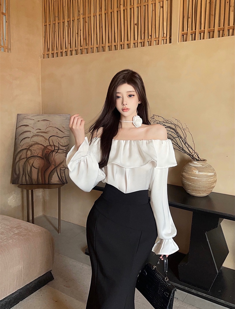 High waist all-match tops slim tender skirt 2pcs set