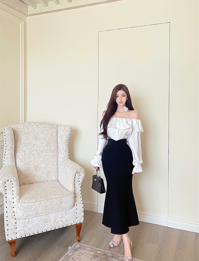 High waist all-match tops slim tender skirt 2pcs set