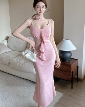 Pinched waist long dress V-neck dress for women